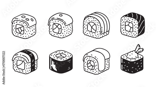 Eight delicious hand drawn sushi rolls and nigiri assortment for japanese food lovers silhouette