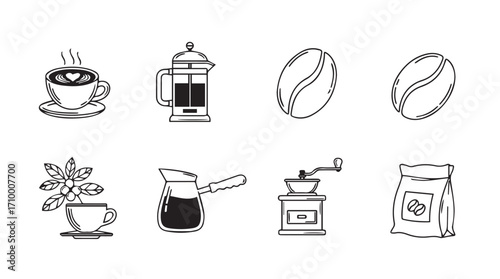 Hand drawn coffee icons set featuring cup machine beans cezve grinder and bag for beverage silhouette