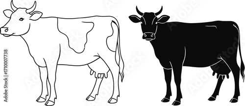 Contrasting cow illustrations, one in outline and the other in silhouette, showcasing farm animals.