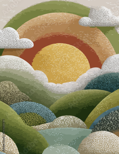 Paysage décoratif vectoriel stylisé, coucher de soleil, collines ondulantes