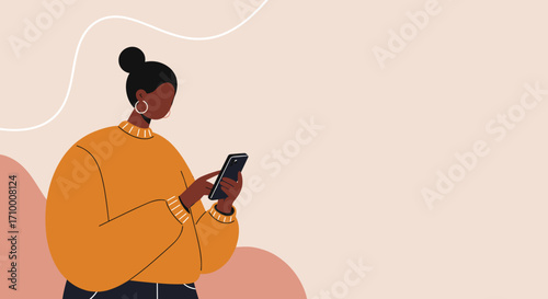 A stylish Black woman in a cozy orange sweater is engrossed in her smartphone, actively engaging with digital content on a soft, minimalist background.