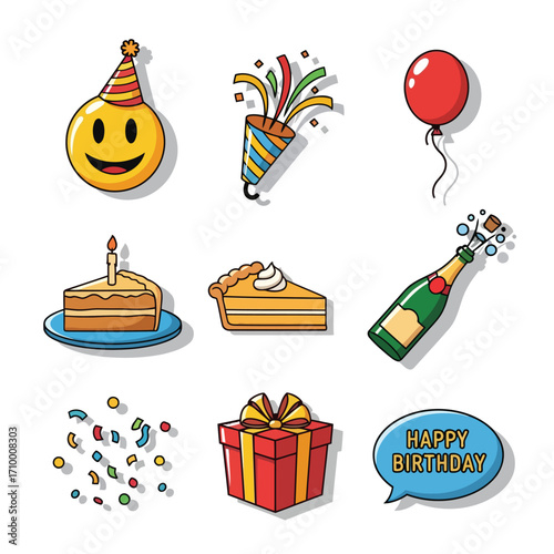 Set of 7 colorful birthday icons vector