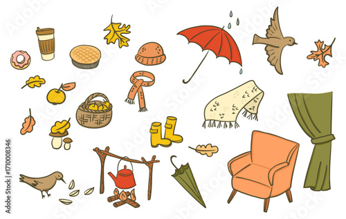 Collection of cozy autumn elements including leaves, warm clothes, food, and home items. Concept of fall comfort, seasonal lifestyle and warm domestic atmosphere