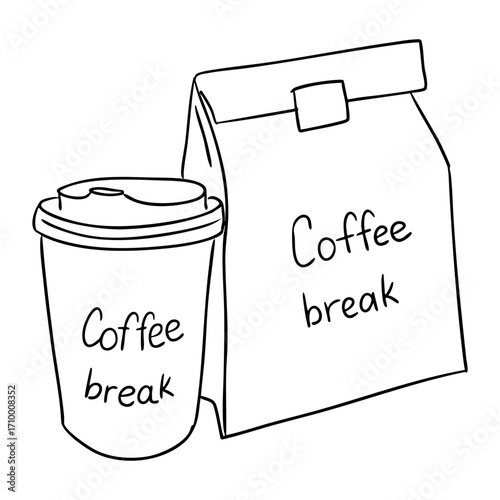 Hand drawn takeaway coffee cup and paper bag with Coffee break text. Concept of work pause, morning routine and fast urban lifestyle