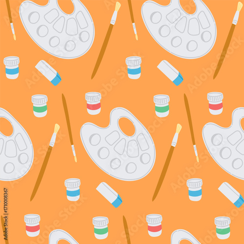 Seamless vector pattern with paint palettes, brushes, jars and erasers on orange background. Concept of creativity, artistic tools and education in visual arts