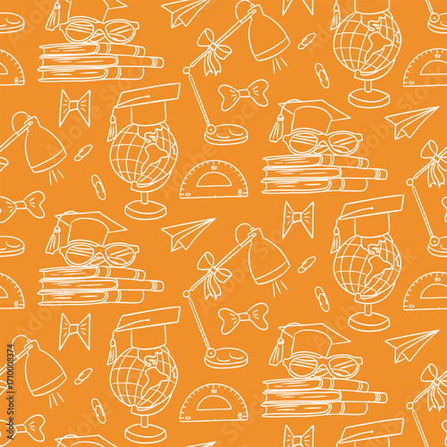Seamless hand drawn school pattern with books, globes, lamps and paper planes on orange background. Concept of education, learning tools and academic inspiration