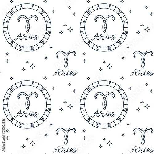 Seamless zodiac pattern with Aries symbol, astrological circle and stars in hand drawn style. Concept of astrology, zodiac signs and celestial design for mystic themes