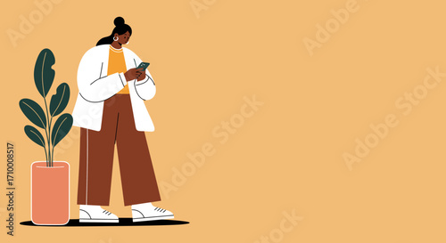 Modern woman actively engaging with her smartphone, reflecting digital communication, social media, and technology in everyday lifestyle. Minimalist setting.