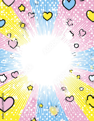 Fond éclatant de style manga kawaii, rayons lumineux, cœurs et étoiles