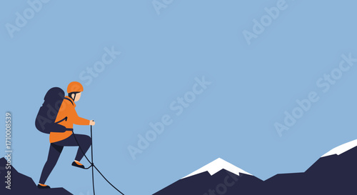 A determined hiker, equipped with a backpack and trekking poles, ascends a challenging mountain path towards snowy peaks under a clear sky.