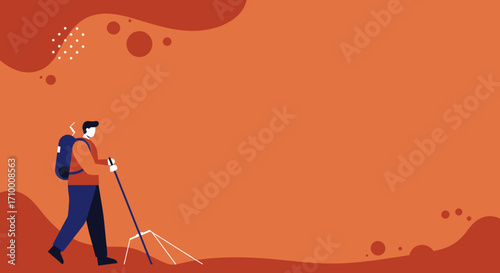 A vibrant flat design illustration depicts a determined person with a backpack and trekking poles, embarking on an adventurous journey, symbolizing exploration.