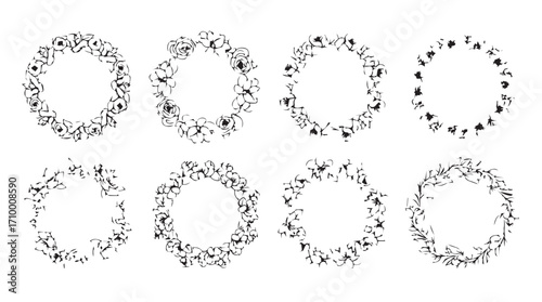 Collection of eight detailed botanical wreaths delicate floral frames and natural elements for design silhouette