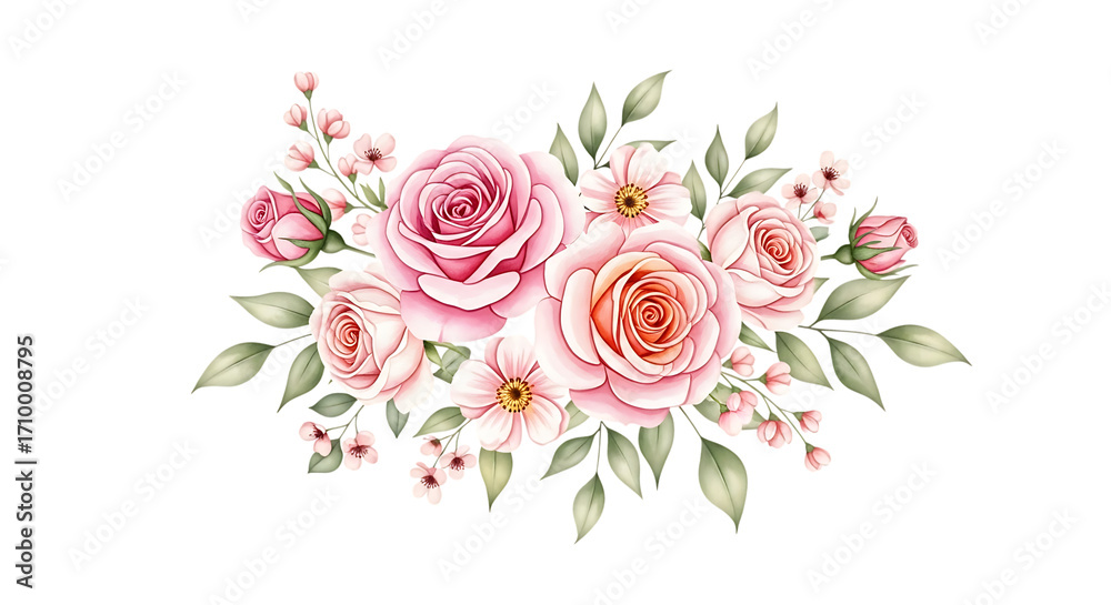 Fototapeta premium Soft pink roses and delicate flowers bouquet isolated on transparent background