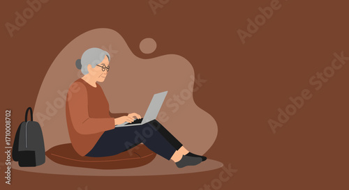 Senior woman happily using a laptop, embracing technology for learning or connecting. Modern elder enjoying digital life from a comfortable setting.