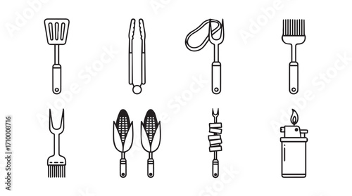 Barbecue grilling utensil set icons collection for culinary outdoor cooking and food preparation silhouette
