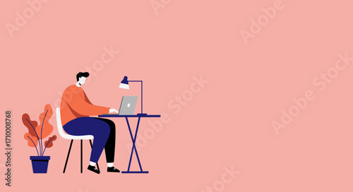 Man focused on work using a laptop at a minimalist desk with a plant, representing remote productivity, online learning, or freelance business.
