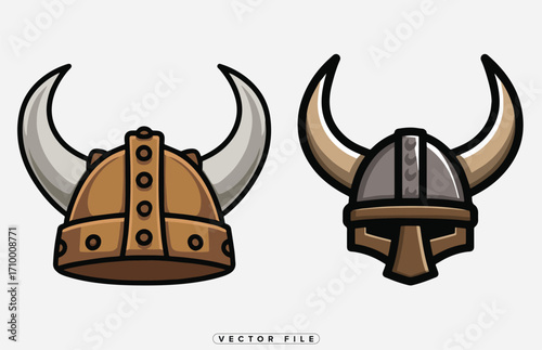 Two pixel art viking helmets with ornate horns are displayed