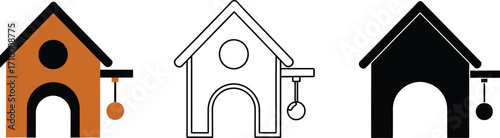 Three simple illustrations of dog houses in different styles, perfect for pet care themes.