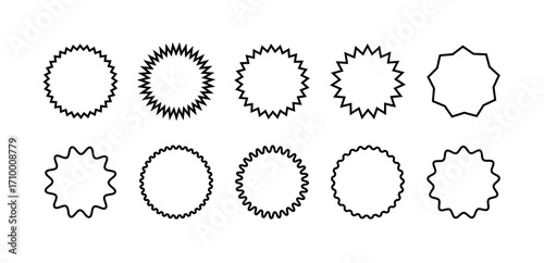 Starburst sticker set. Collection of line art sunburst badges, deal tags, price tag or quality seal with wavy edge. Flat design vector elemens.