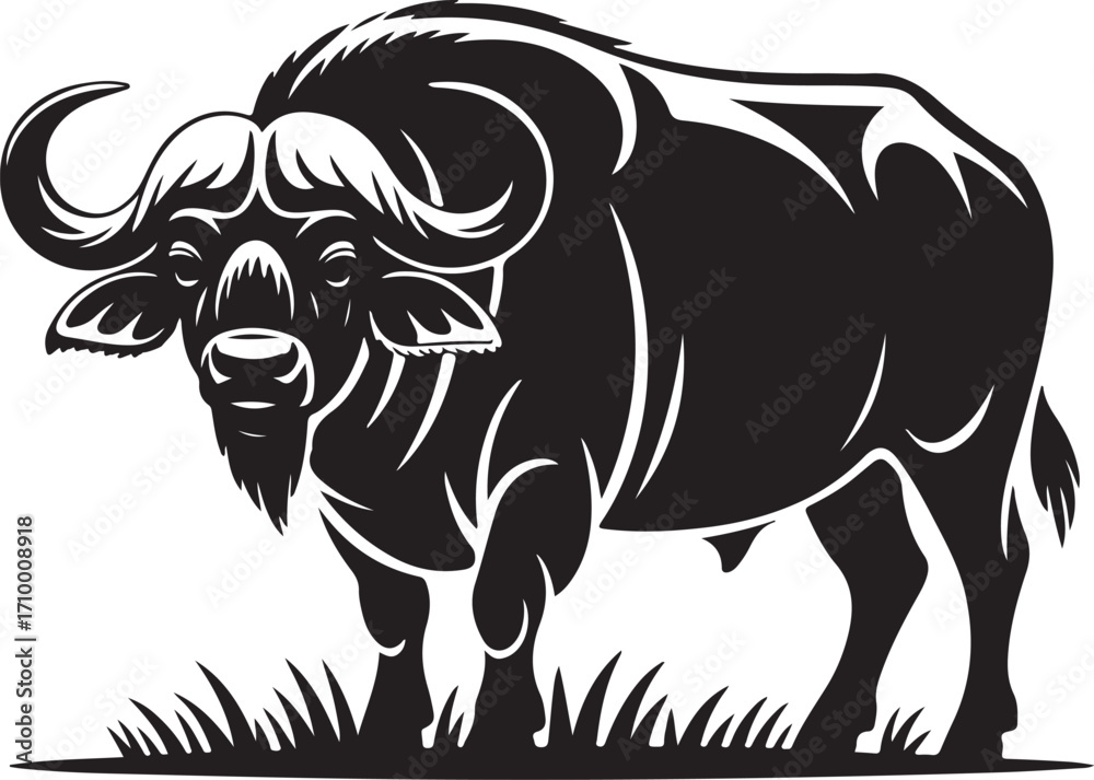 Obraz premium Powerful african buffalo silhouette standing proudly in grassy field