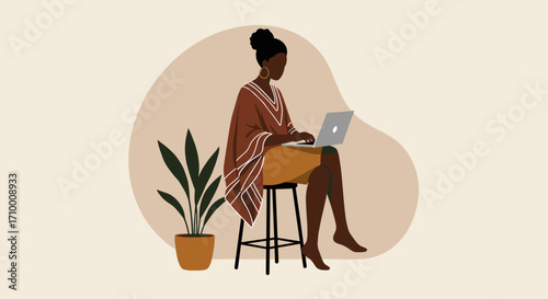 Minimalist illustration of a woman tending to plants, symbolizing home decor, nature connection, and serene lifestyle. Ideal for wellness and botanical themes.