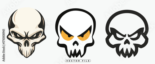 Three stylized skull designs presented in varying levels of detail and shading