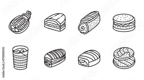Set of eight hand drawn food icons featuring sandwiches and drinks for culinary themes silhouette