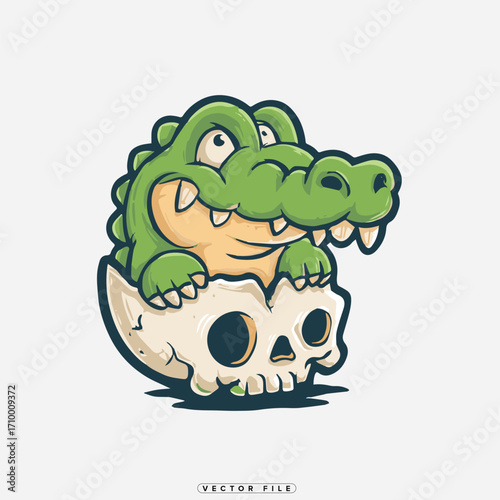 Cute baby crocodile hatching from an eggshell with skull beneath
