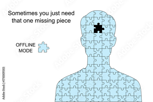 Meme about going offline for mental wellbeing. Person with one missing piece. Humor for social media.