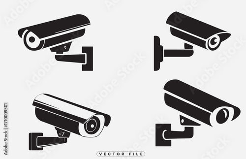 Four black security cameras displayed in an isometric view