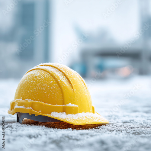 Yellow hard hat placed on snow, frozen industrial scene. Winter safety concept for construction and building themes.
