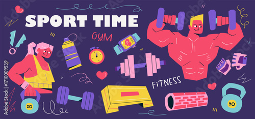 Vector set of sport time elements with strong man, fit woman, dumbbells, kettlebell, gloves, stopwatch, roller, water bottle, step platform and fitness accessories on dark background