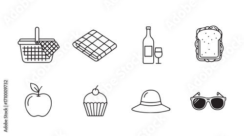 Charming hand drawn picnic icons representing food drink accessories and outdoor leisure activities silhouette