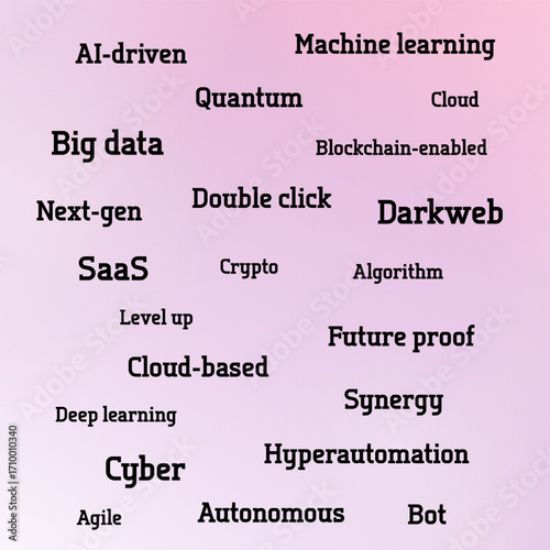 Software company corporate buzzwords loved by managers, disliked by employees. Modern IT tech corporation language - AI, big data, cloud and machine learning.