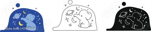 Adorable baby elephant dreaming among stars and planets in a starry night sky.