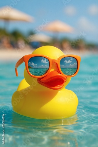サングラスをかけて海に浮かぶ黄色いゴム製アヒルの夏のコンセプト/Yellow rubber duck wearing orange sunglasses floating in turquoise sea, summer concept