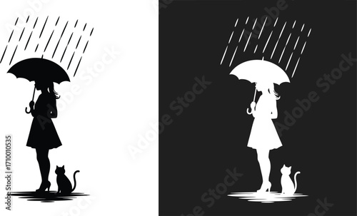 A solitary figure with an umbrella and a cat in the rain