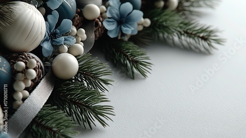Blue and White Christmas Promo Background with Ornaments, Pine and Ribbon for Ecommerce