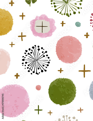 Motif vectoriel abstrait sans couture : Pissenlit et taches de couleur pastel