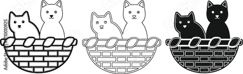Three adorable kittens peeking out from woven baskets, showcasing different styles and colors.