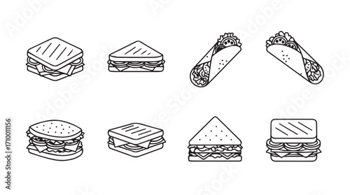 Hand drawn collection of various delicious sandwiches and wraps ready for your next design project silhouette