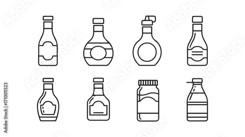 Set of diverse sauce bottles and jars collection simple line art style icons silhouette