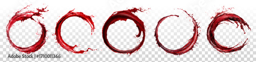 Vector set of blood ring frames or wine splash swoosh effect isolated on transparent background.