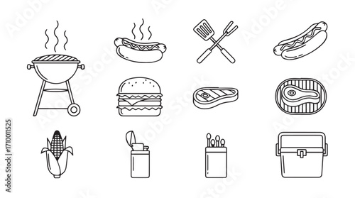 Collection of hand-drawn barbecue and picnic icons for outdoor summer food events silhouette