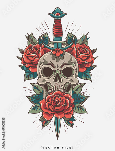 Vintage tattoo design featuring skull roses dagger and floral elements