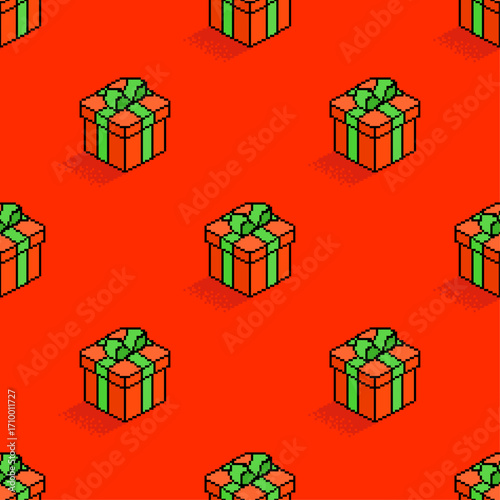 Seamless vector pattern of pixelated holiday gifts in 8-bit style. Festive Christmas and New Year pixel art for wrapping paper, textile, and winter wallpaper designs