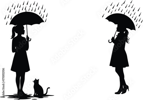Two figures with umbrellas sheltering from rain a cat sits nearby
