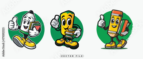 Cartoon stationery characters with thumbs up holding books and instruments
