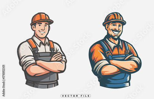 Two confident construction workers in overalls and safety helmets smiling