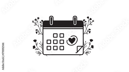 Calendar with heart icon and floral border celebrating special date or event silhouette